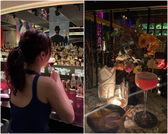 Chân dung của một cô gái trẻ ngồi một mình trong quán bar, vẻ mặt vừa thoáng buồn nhưng lại cũng đầy quyến rũ. Cô gái đang nhâm nhi đồ uống và nhìn xung quanh, như đang chờ đợi một cuộc gặp gỡ mới. 